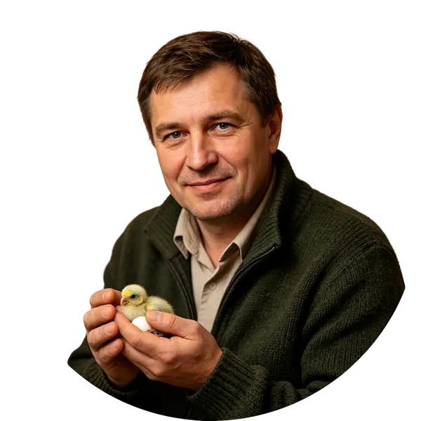 Avian expert holding newly hatched baby chick and egg, transparent background portrait for parrot breeding & hand-rearing content